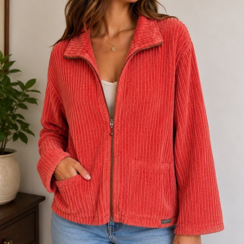 Woolrich Zip Corduroy Jacket XL Coral 100% Cotton Cozy Cottagecore Shacket